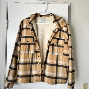 Lucky Brand Tan Black Cream Plaid Teddy-Lined Shacket Jacket